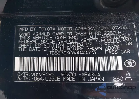 2006 Toyota Camry Se from USA, damaged, VIN JTDBE32K063040323